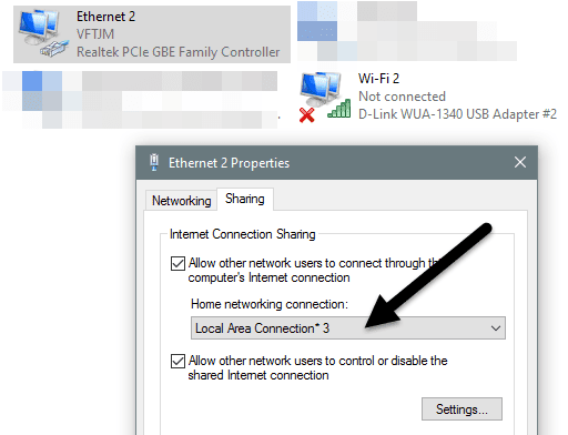 configuración de uso compartido de ethernet