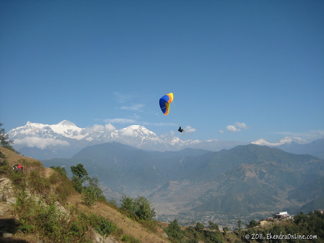 Paragliding from Sarangkot, Machhapuchhre on the background