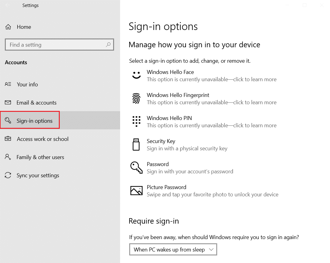 options de connexion dans les paramètres du compte