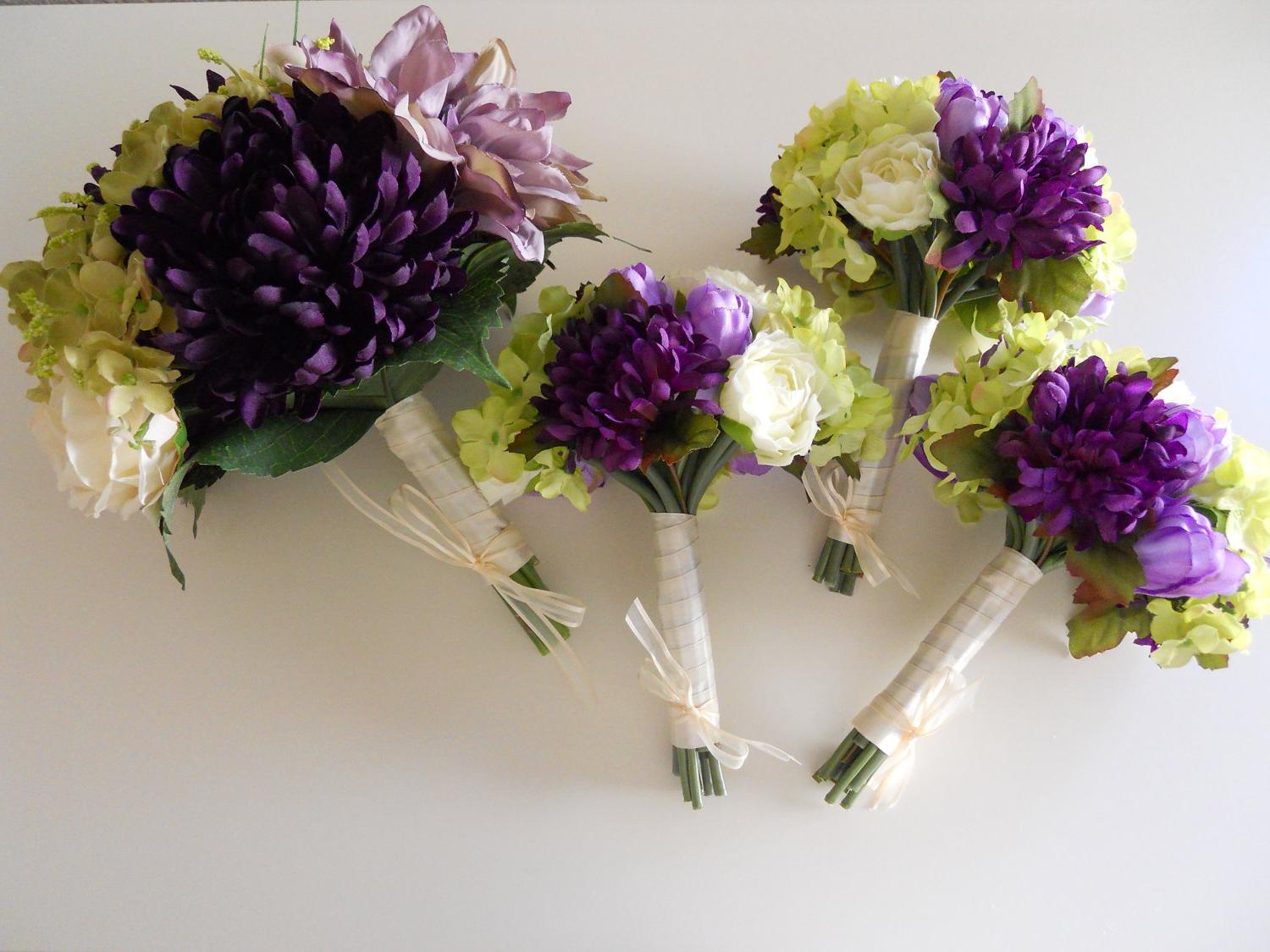 Purple, Ivory and Green Combo Bridal Bouquet Set, 12 pieces package