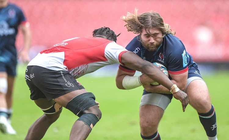 Emmanuel Tshituka of the Lions and John Andrew of Ulster during the United Rugby Championship match at Emirates Airline Park on Saturday..