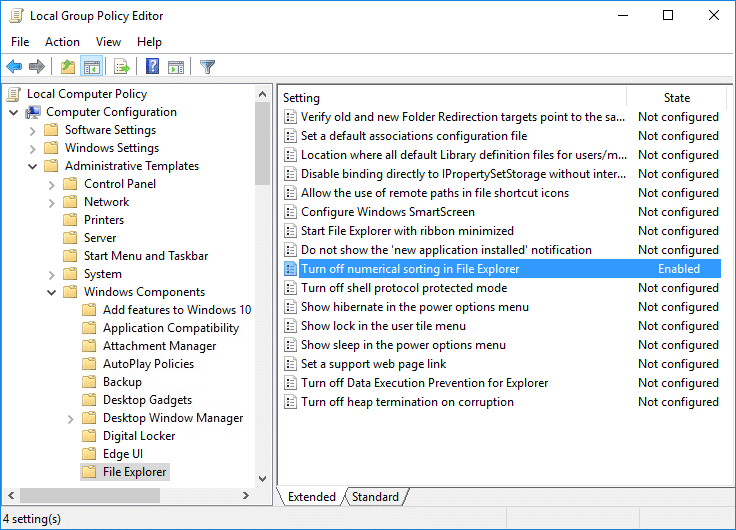 Haga doble clic en Desactivar clasificación numérica en la política del Explorador de archivos