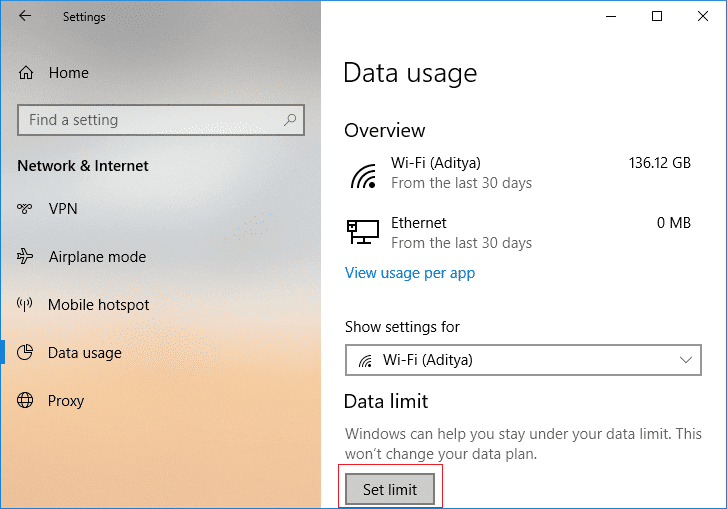 จากเมนูด้านซ้ายมือ ให้เลือก Data Usage จากนั้นคลิกที่ปุ่ม Set Limit