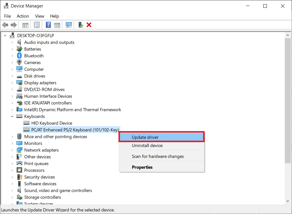 คลิกขวาที่รายการคีย์บอร์ดของคุณแล้วเลือก Update driver |  แก้ไขปุ่มฟังก์ชั่นไม่ทำงานใน Windows 10