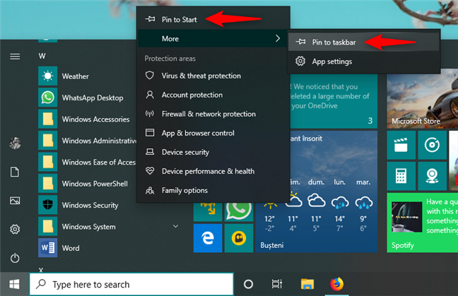 Připnutí zabezpečení Windows na Start nebo na hlavní panel