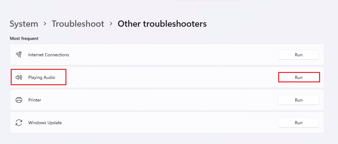 nhấp vào nút Run để trình khắc phục sự cố Playing Audio Windows 11