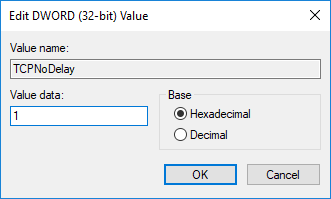 Stel de waarde van zowel "TCPackFrequency" als "TCPNoDelay" DWORD in op 1 |  Hoge ping Windows 10 repareren