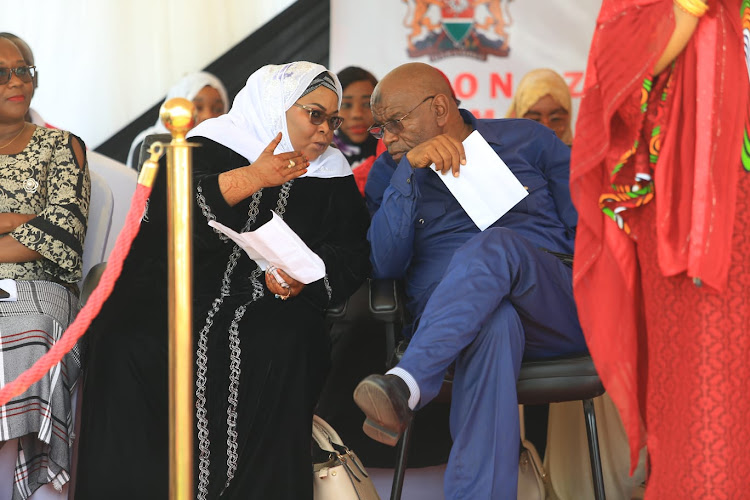 Mombasa county Woman Representative Zamzam Mohamed and Changamwe MP Omar Mwinyi at Bomu Stadium in Mombasa on Saturday, August 6