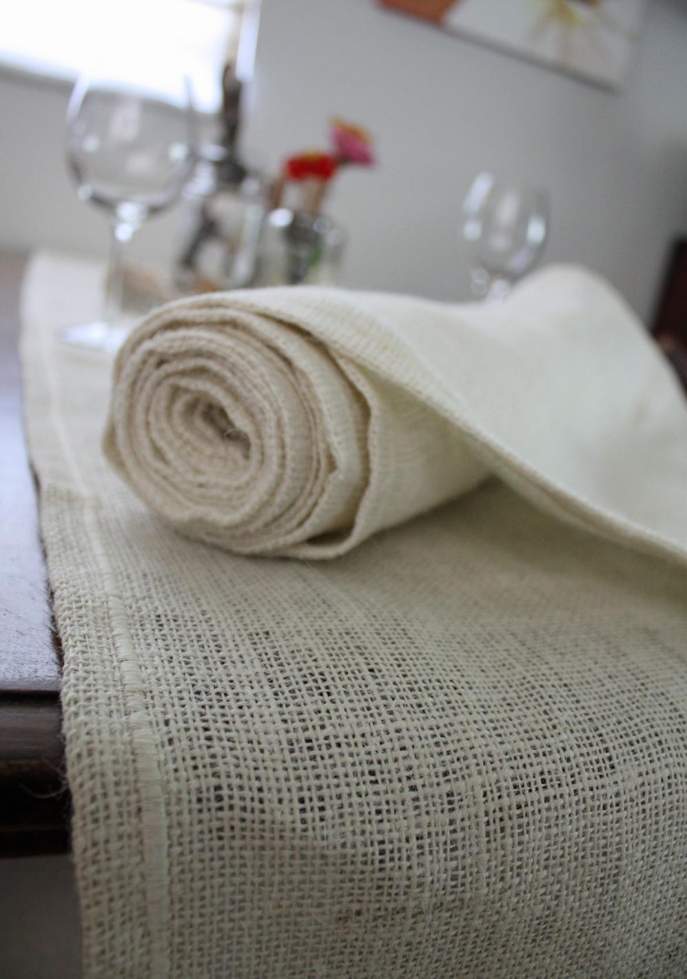 Burlap Table Runner. Choose from Oyster, Brown, and Natural