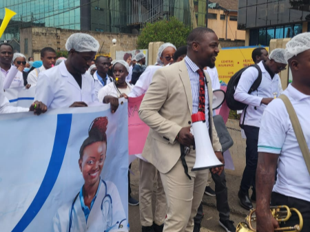 KMPDU secretary general Dr Devji Attellah leads doctors in a peaceful demonstration over delayed posting of medical interns, Nairobi, February 29, 2024.