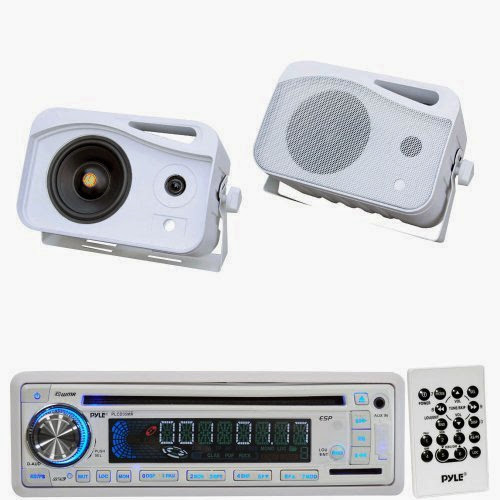  Pyle Marine Radio Receiver and Speaker Package - PLCD35MR AM/FM-MPX IN-Dash Marine CD/MP3 Player/USB  &  SD Card Function - PLMR26 5'' 500 Watt 3-Way Weather Proof Mini Box System (White)