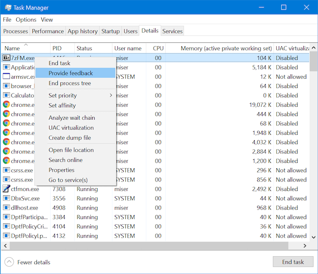 Fornisci feedback su un processo dalla scheda Dettagli di Task Manager