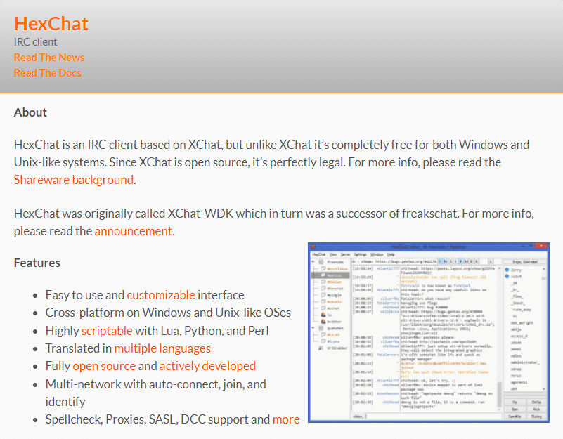 Sitio web oficial de HexChat.  Los mejores clientes IRC para Windows