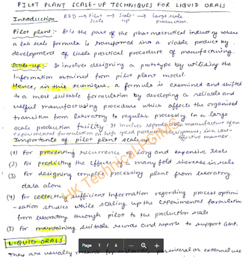 Pilot Plant Scale Up Techniques for Liquid Orals Industrial Pharmacy Handwritten Notes 7th Semester B.Pharmacy ,BP702T Industrial Pharmacy,BPharmacy,Handwritten Notes,BPharm 7th Semester,Important Exam Notes,