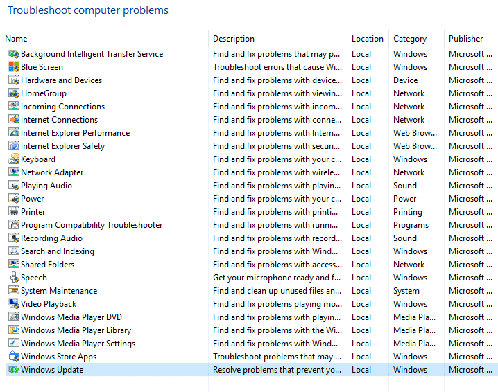 selecteer windows update uit Computerproblemen oplossen