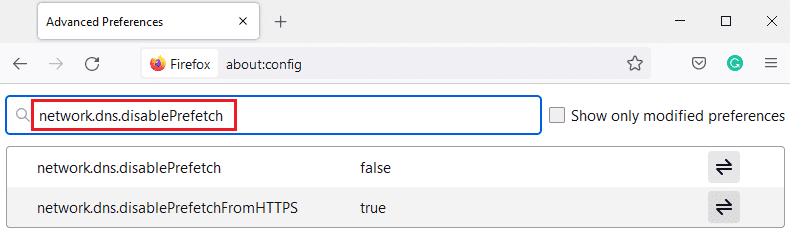 次に、検索バーにnetwork.dns.disablePrefetchと入力します。