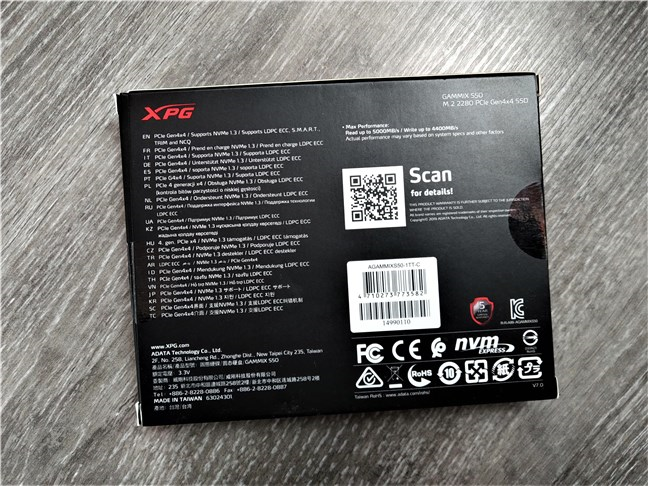 SSD ADATA XPG Gammix S50: la parte trasera de la caja