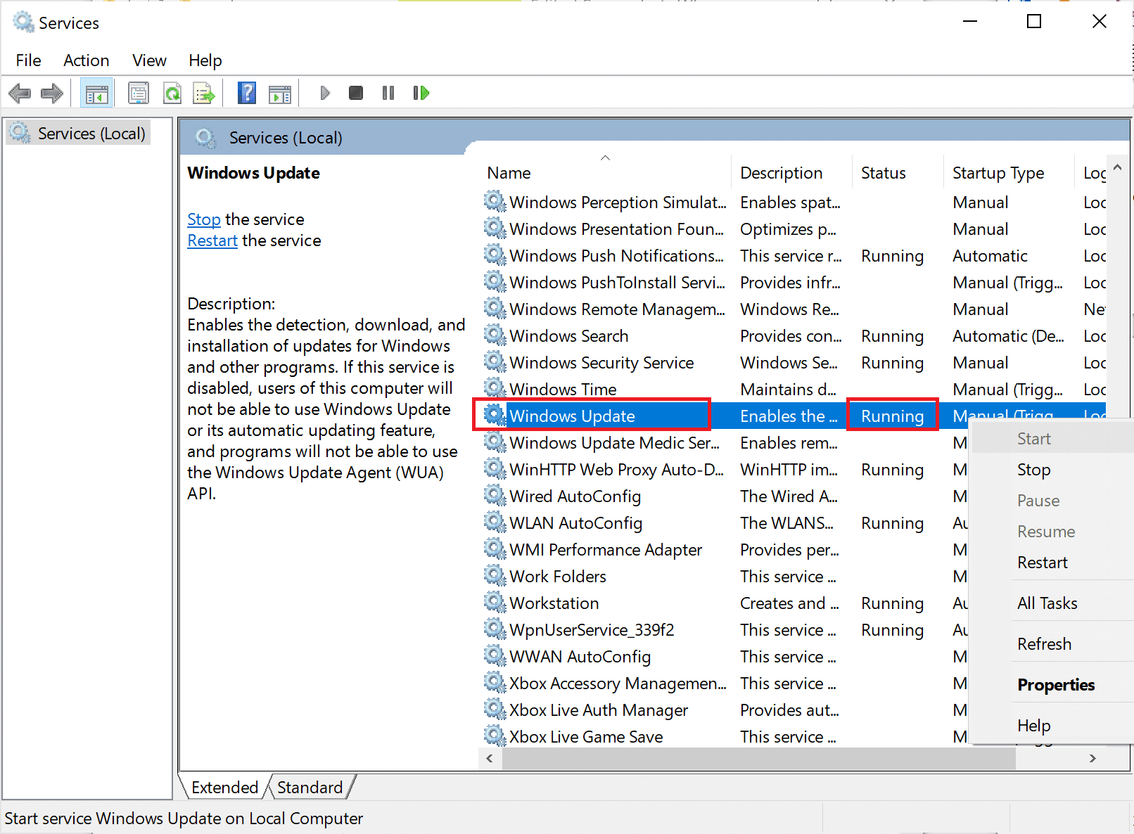 Haga clic con el botón derecho en el servicio de actualización de Windows y seleccione Iniciar