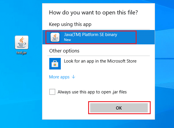 Ouvrez le fichier JAR avec l'application Java TM Platform SE Binary.  Comment ouvrir les fichiers JAR dans Windows 10