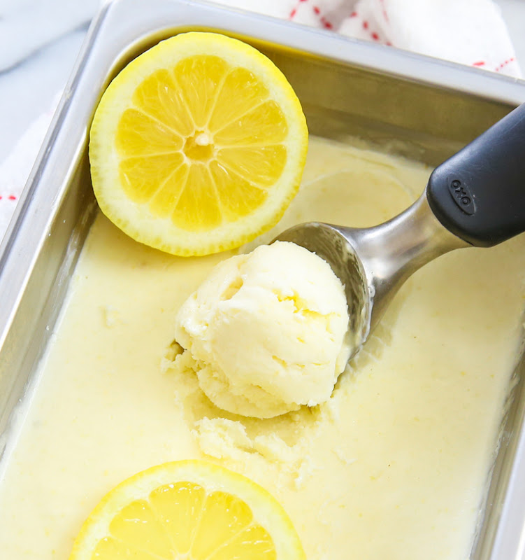 overhead photo of a scoop of lemon ice cream