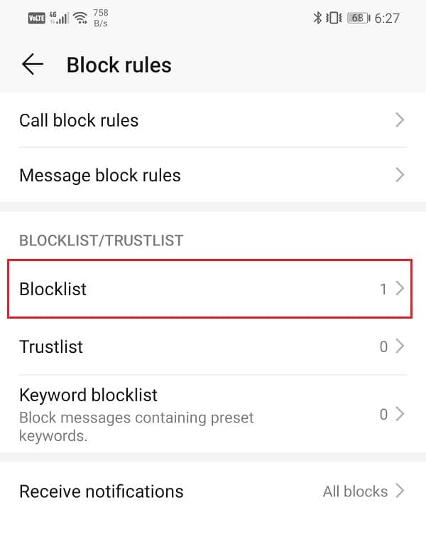 Toca la opción Lista de bloqueo