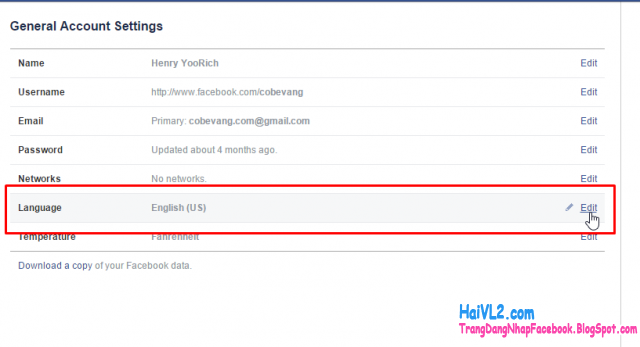 vào phần đổi ngôn ngữ facebook