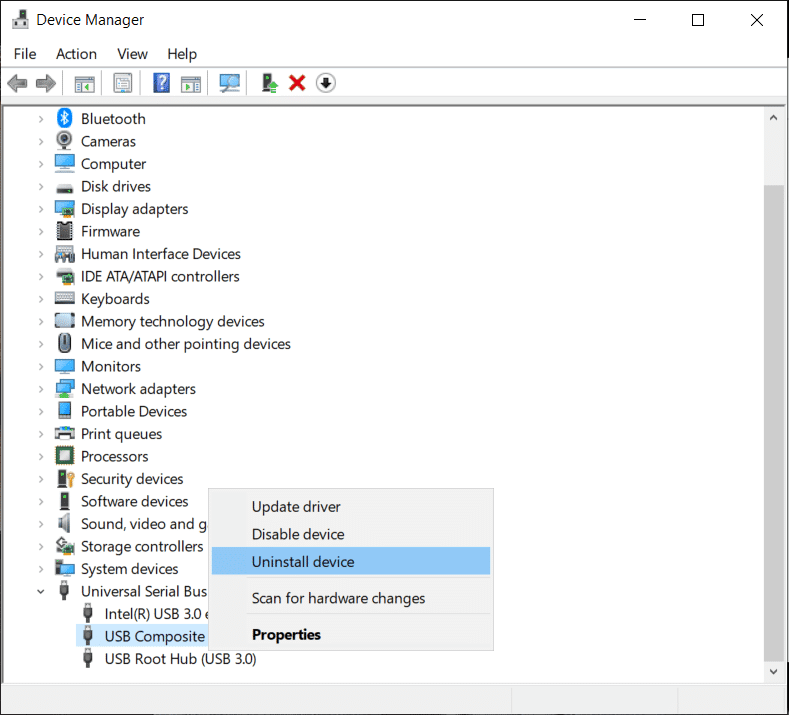 Klikněte pravým tlačítkem na Composite ADB Interface a vyberte Uninstall