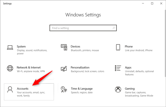 Danh mục Tài khoản từ Cài đặt Windows 10