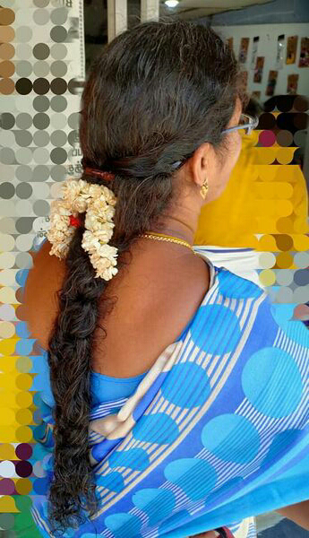 Village Barber Stories: Blue saree women's traditional oiled hair style  with wearing Jasmine Flower