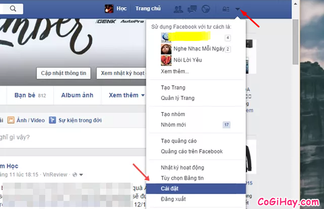 vào phần cài đặt Facebook