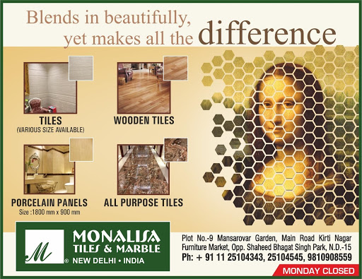 Monalisa Tiles, 9, Mansarovar Garden, Main road Kirti Nager Furniture Market, Opposite Shaheed Bhagat Singh Park, New Delhi, Delhi 110015, India, Tile_Shop, state UP