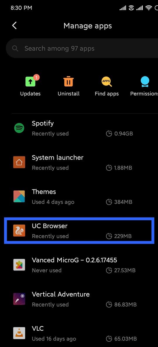 Прокрутите вниз до «UC Browser» и нажмите на него.