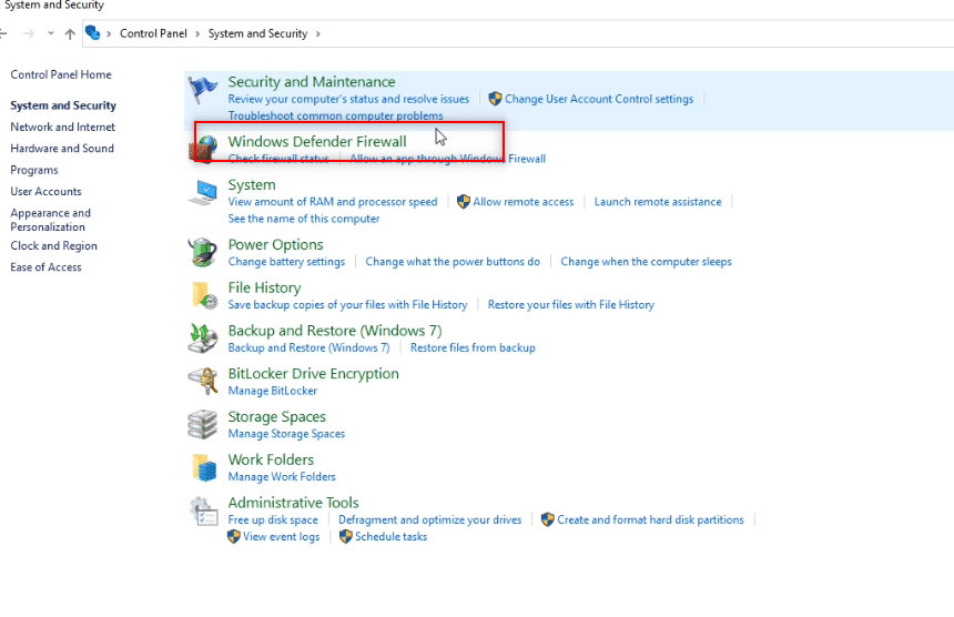 คลิกที่ไฟร์วอลล์ Windows Defender  แก้ไขเว็บโทรเลขไม่ทำงาน