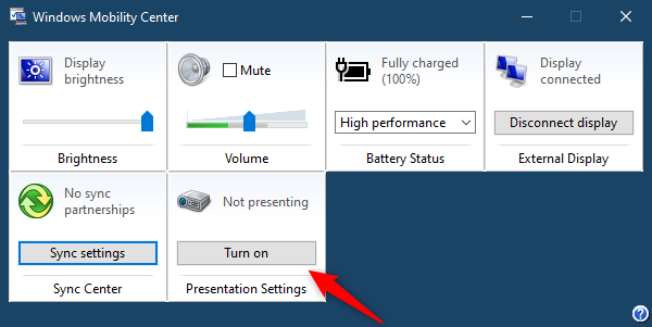 La configuración de presentación del Centro de movilidad de Windows