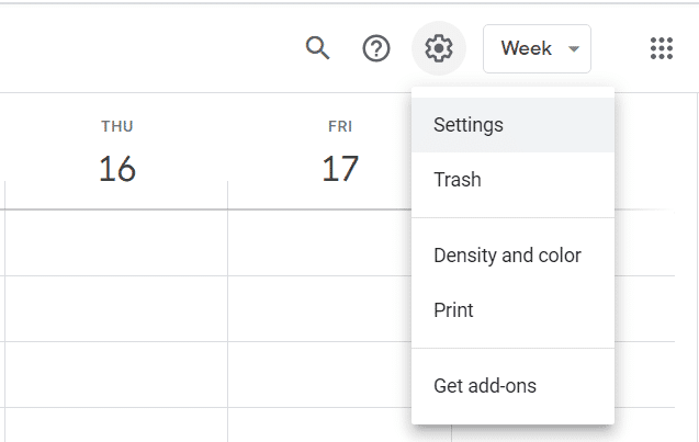 En Google Calendar, haga clic en el ícono de Configuración y luego seleccione Configuración