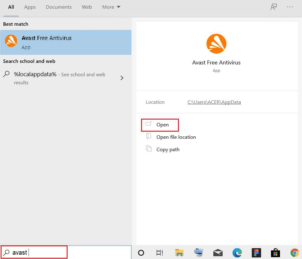 typ avast en klik op openen in de zoekbalk van Windows.  Fix Firefox-verbinding reset fout