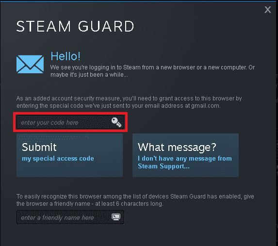 Zadejte přístupový kód zaslaný na váš e-mail.  Jak opravit chybu nahrání obrázku Steam