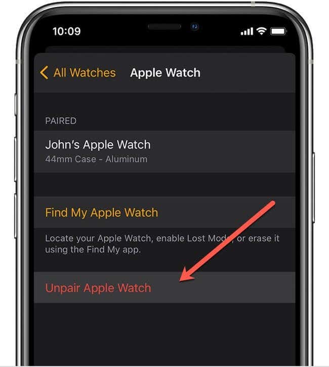 Nút hủy ghép nối Apple Watch