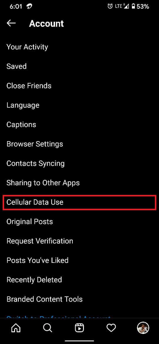 Dans les options du compte, accédez au paramètre "Utilisation des données cellulaires".