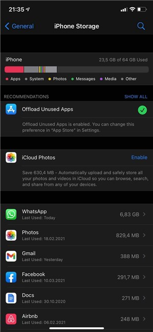 เครื่องหมายถูกแสดงว่าคุณเปิดใช้งานคำแนะนำ Offload Unused Apps