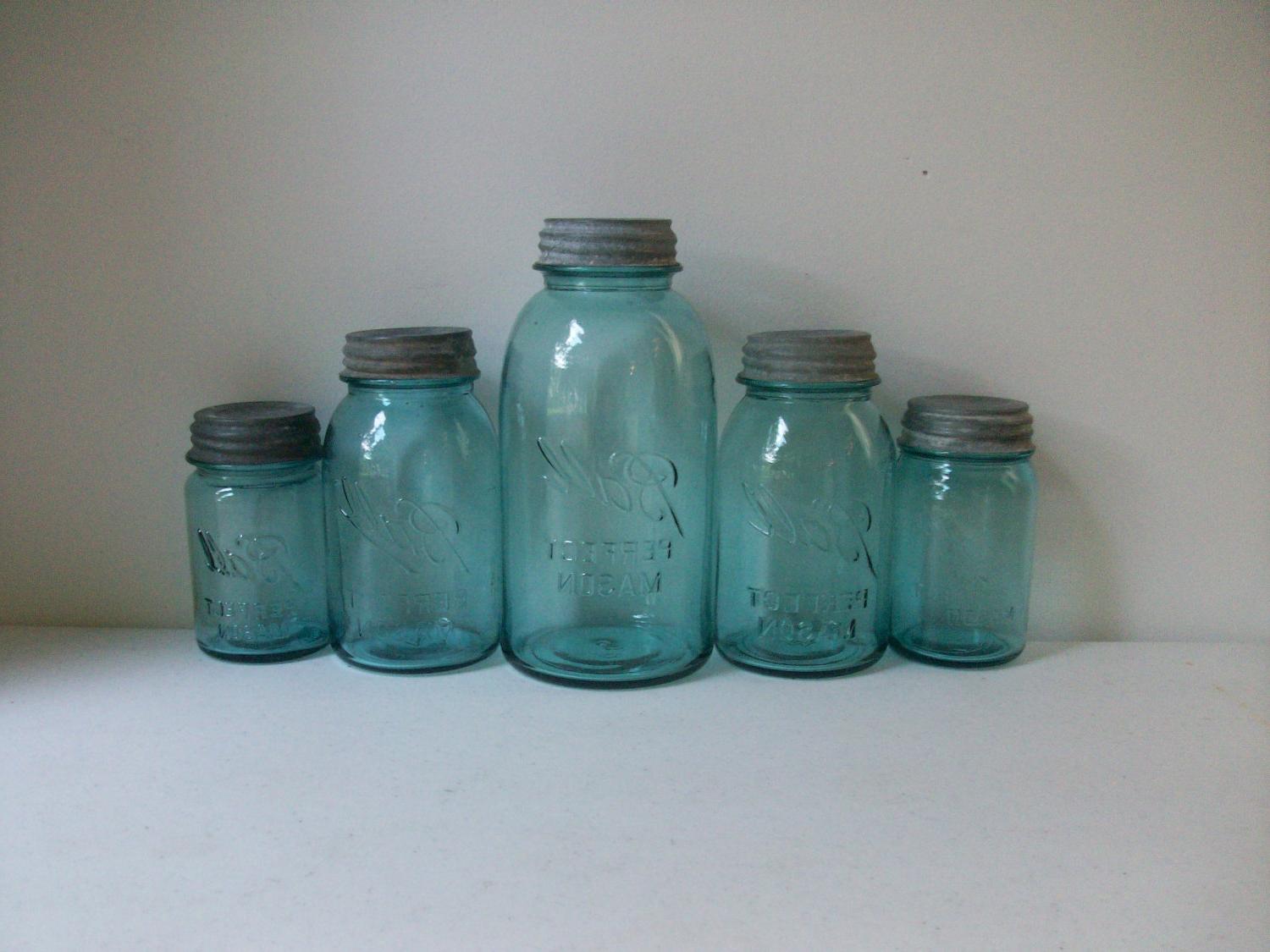 5 Old Blue Glass Ball Perfect Mason Jars Zinc Lids Half Gallon 2 Quarts 2