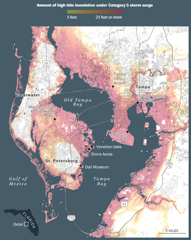 Amount of high tide inundation under a Category 5 storm surge in Tampa Bay, Florida. Graphic: The Washington Post