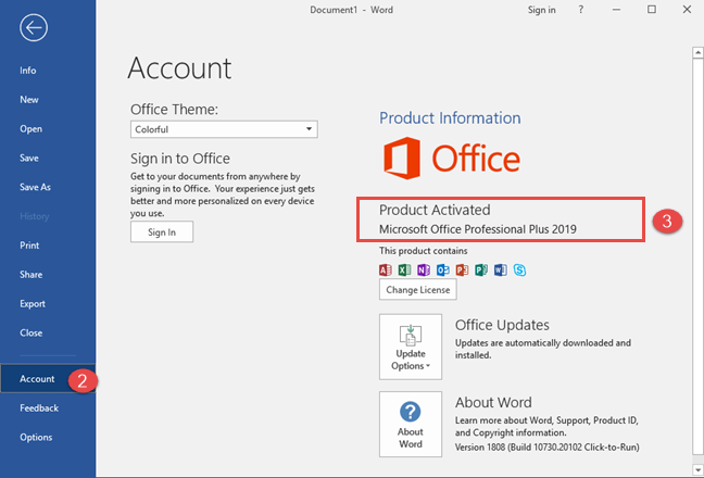 La versión del producto en Microsoft Office Professional Plus 2019