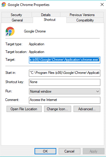 Dialoogvenster Eigenschappen van Google Chrome wordt geopend