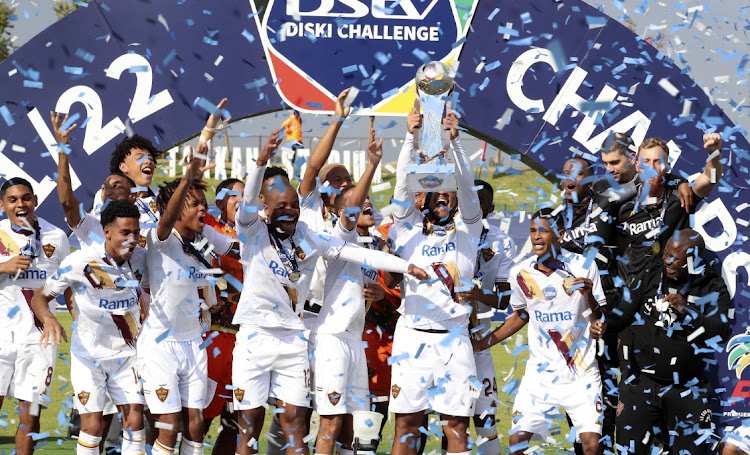 Stellenbosch celebrates lifting the trophy during the DStv Diski Challenge 2021/22 match between TS Galaxy v Stellenbosch at the Tsakani Stadium, Tsakani.