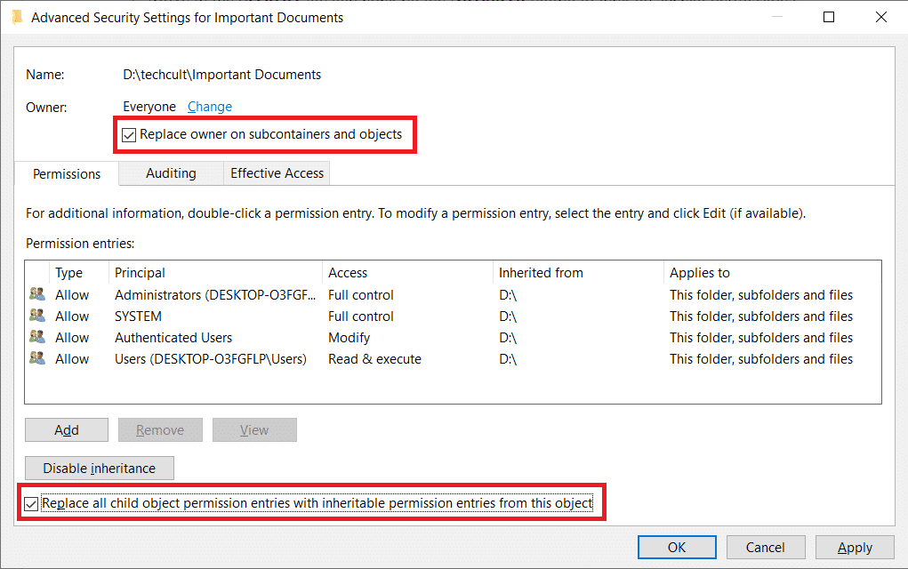 Marque las casillas Reemplazar propietario en subcontenedores y objetos y Reemplazar todas las entradas de permisos de objetos secundarios con entradas de permisos heredables de este objeto.  Cómo arreglar el acceso denegado Windows 10