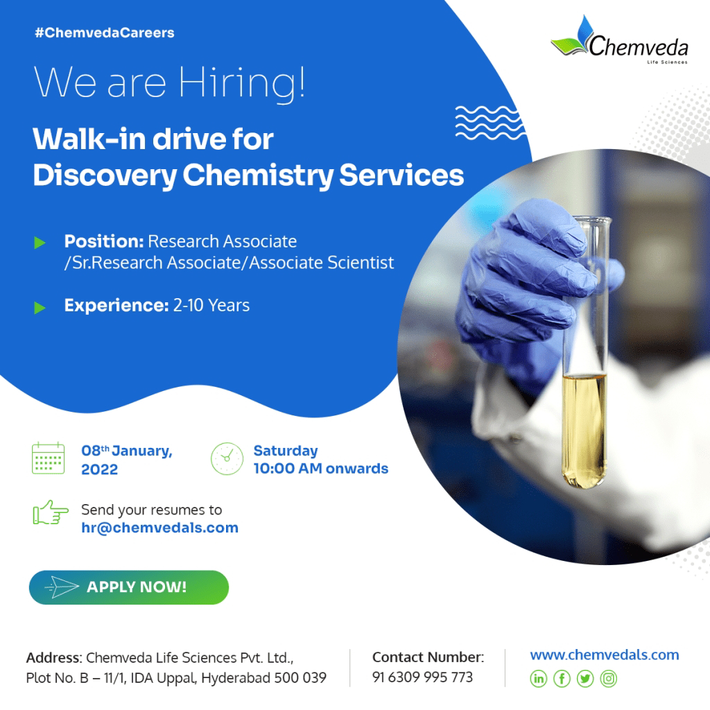 Chemveda Life Sciences Pvt Ltd Walk In Interview For Discovery