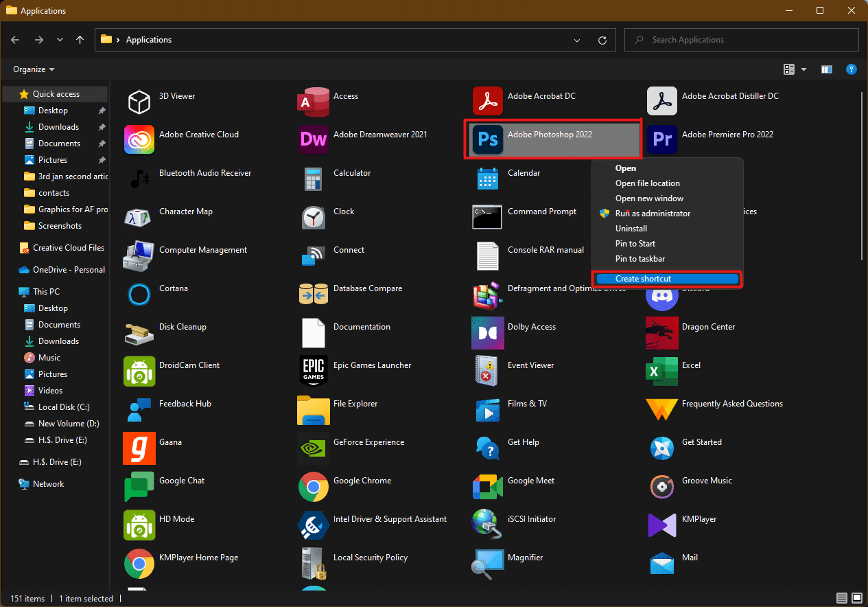 klik met de rechtermuisknop op Adobe Photoshop en selecteer de optie Snelkoppeling maken.  Bureaubladsnelkoppelingen maken op Windows 11