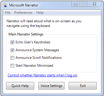 Options d'ergonomie - Windows 7 - Narrateur