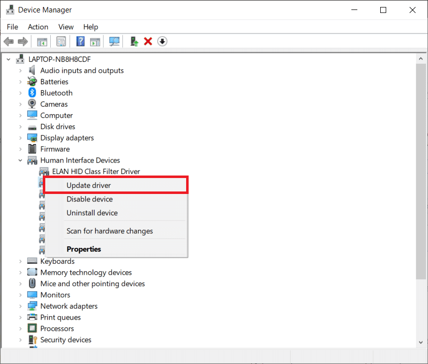 Choisissez l'option Mettre à jour le pilote dans le menu